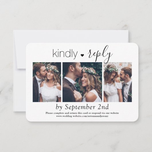 3 Foto Elegant Simple Script Kindly Reply Wedding RSVP Kaartje (Voorkant)