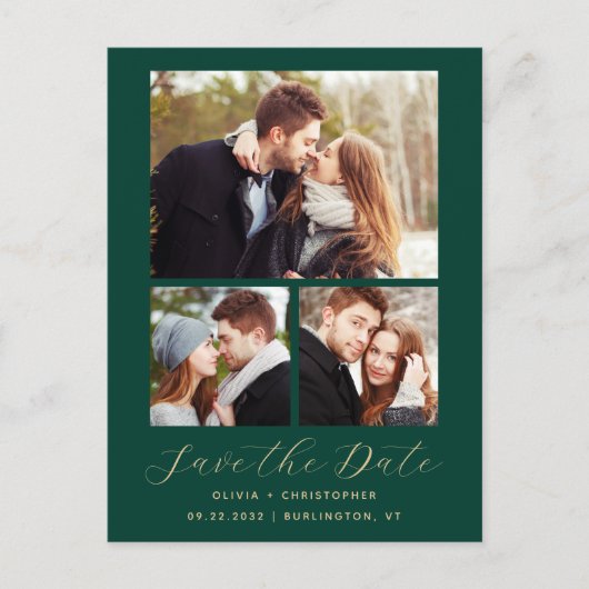 3-Foto Emerald Green Gold QR-code Bewaar de datum Briefkaart (Voorkant)