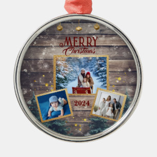 3-foto familie vieren samen kerstfeest metalen ornament
