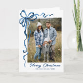 3 Foto Feestelijke Dusty Blue Christmas Bow Ribbon Feestdagen Kaart (Voorkant)