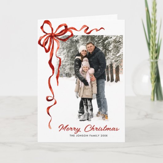 3 Foto Feestelijke Kerst Boho Red Bow Ribbon Feestdagen Kaart (Voorkant)