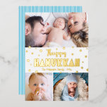 3 Foto Gelukkig Chanoeka Whimsical Modern Echt Gou Folie Feestdagenkaart<br><div class="desc">"Happy Hanukkah." Fun, speels, knappe handgemaakt echte gouden folie typografie en een willekeurige ster van David patroonbedekking een schone, witte achtergrond. Voeg drie foto's van uw keuze toe om ons te helpen in de Hanukkah met dit verbluffende, kleurrijke, persoonlijke wenskaart van echte gouden folie. De hand getrokken witte lijnen bedekken...</div>