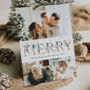 3 Foto Gold & Greenery Botanische Vrolijk Kerstfee Feestdagenkaart