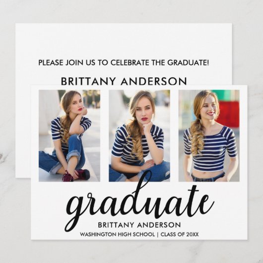 3 Foto Gold Modern Graduation Party nodigt WB uit Kaart (Voorkant / Achterkant)