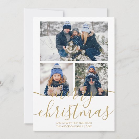 3 Foto Gouden Script Prettig Kerstfeest Kerstkaart (Voorkant)