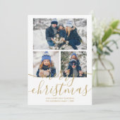 3 Foto Gouden Script Prettig Kerstfeest Kerstkaart (Staand voorkant)