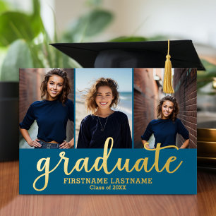 3 Foto Graduation Party Modern Script Gold Folie Uitnodiging