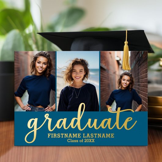 3 Foto Graduation Party Modern Script Gold Folie Uitnodiging