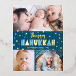 3 foto Happy Chanoeka Modern Blauwgroen blauw echt Folie Feestdagen Briefkaart<br><div class="desc">"Happy Hanukkah." Fun, speels, knappe handgemaakte echte gouden folie en lichtblauwe typografie, een willekeurige gouden folie Star van David-patroon, en middernacht blauw met de hand getrokken lijnen bedekken een donkerblauwe achtergrond. Voeg drie foto's van uw keuze toe om ons te helpen in de Hanukkah met dit verbluffende, kleurrijke, persoonlijke echte...</div>