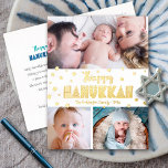 3 Foto Happy Hanukkah Modern Whimsical Real Gold Folie Feestdagen Briefkaart<br><div class="desc">"Happy Hanukkah." Fun, speels, knappe handgemaakt echte gouden folie typografie en een willekeurige ster van David patroonbedekking een schone, witte achtergrond. Voeg drie foto's van uw keuze toe om ons te helpen in de Hanukkah met dit verbluffende, kleurrijke, persoonlijke echte gouden folie begroetende briefkaart. Uw douanenota, getypt of met de...</div>