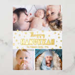 3 Foto Happy Hanukkah Modern Whimsical Real Gold Folie Feestdagen Briefkaart<br><div class="desc">"Happy Hanukkah." Fun, speels, knappe handgemaakt echte gouden folie typografie en een willekeurige ster van David patroonbedekking een schone, witte achtergrond. Voeg drie foto's van uw keuze toe om ons te helpen in de Hanukkah met dit verbluffende, kleurrijke, persoonlijke echte gouden folie begroetende briefkaart. Uw douanenota, getypt of met de...</div>