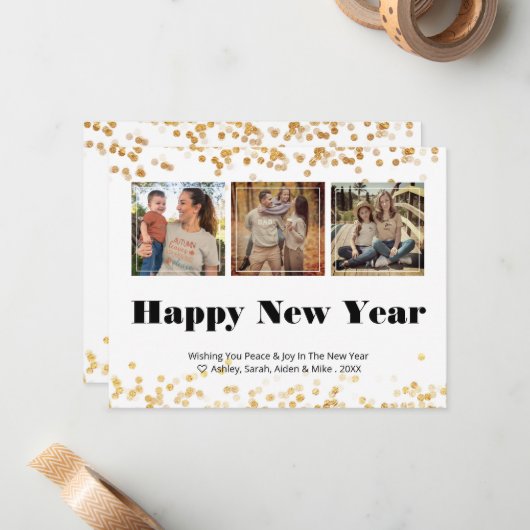 3 Foto Happy Nieuwjaar Kaart Notitiekaartje (Voorkant / Achterkant in situ)