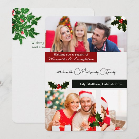 3 Foto Holly en bessen Kerstmis Feestdagenkaart (Voorkant / Achterkant)