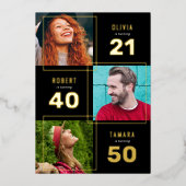 3 Foto Joint Birthday Black Gold Folie Uitnodiging (Voorkant)