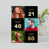 3 Foto Joint Birthday Black Gold Folie Uitnodiging (Staand Voorkant)