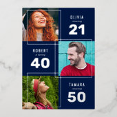 3 Foto Joint Birthday Party Blue & Silver Folie Uitnodiging (Voorkant)