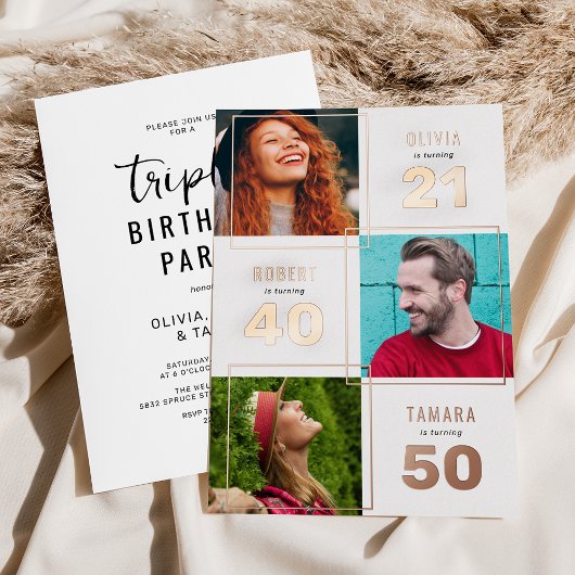 3 Foto Joint Birthday Party White Rose Gold Folie Uitnodiging