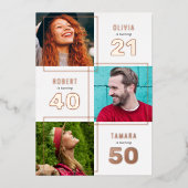 3 Foto Joint Birthday Party White Rose Gold Folie Uitnodiging (Voorkant)