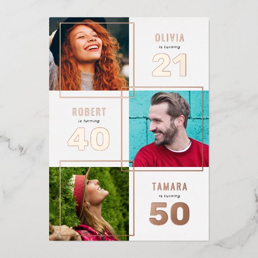 3 Foto Joint Birthday Party White Rose Gold Folie Uitnodiging (Voorkant)