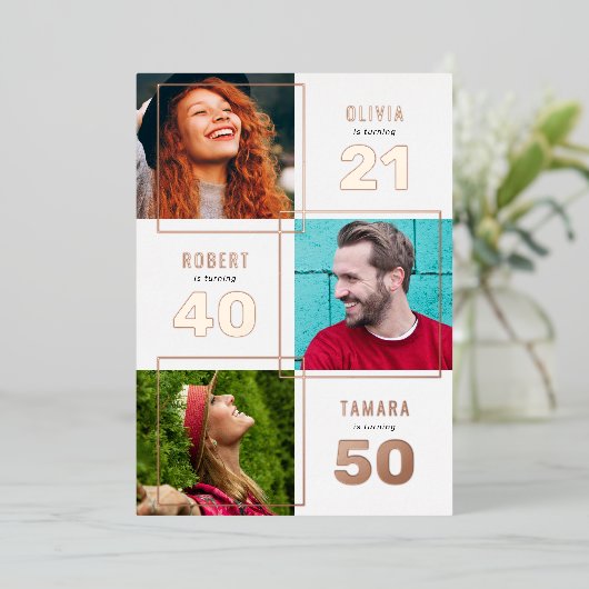 3 Foto Joint Birthday Party White Rose Gold Folie Uitnodiging (Staand Voorkant)
