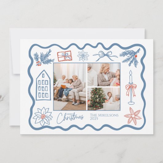 3 Foto Kerst Doodle Line Art Holiday Feestdagenkaart (Voorkant)