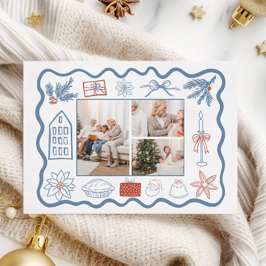 3 Foto Kerst Doodle Line Art Holiday Feestdagenkaart