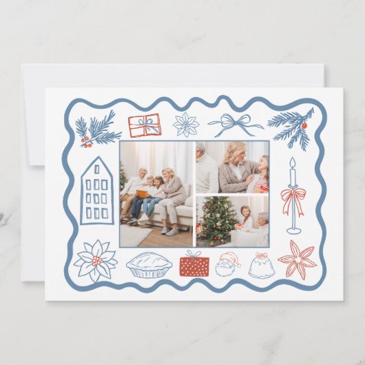 3 Foto Kerst Doodle Line Art Holiday Feestdagenkaart (Voorkant)