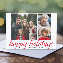 3 Foto Kerst Script Rode Damast Gelukkig Feestdagenkaart