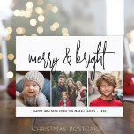 3 Foto kerstcollage - Merry & Bright - Feestdagenkaart<br><div class="desc">HET ONTWERP VAN DE VOORZIJDE: 3 vierkante foto's en een grote manuscriptdoopvont zijn hoogtepunten van dit trendy ontwerp. Een moderne zoektocht naar een feestelijke fotokaart met een grote "grove en heldere" tekst in een funky, handgeschreven scriptlettertype in zwart-wit. Voor geavanceerde gebruikers, kunt u naar het ontwerpgebied gaan en de kleuren...</div>