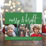 3 Foto kerstcollage - Merry & Bright green - Feestdagenkaart<br><div class="desc">HET ONTWERP VAN DE VOORZIJDE: 3 vierkante foto's en een grote manuscriptdoopvont zijn hoogtepunten van dit trendy ontwerp. Een moderne zoektocht naar een feestelijke fotokaart met een grote "grove en heldere" tekst in een funky, handgeschreven scriptlettertype in groen en wit. Voor geavanceerde gebruikers, kunt u naar het ontwerpgebied gaan en...</div>