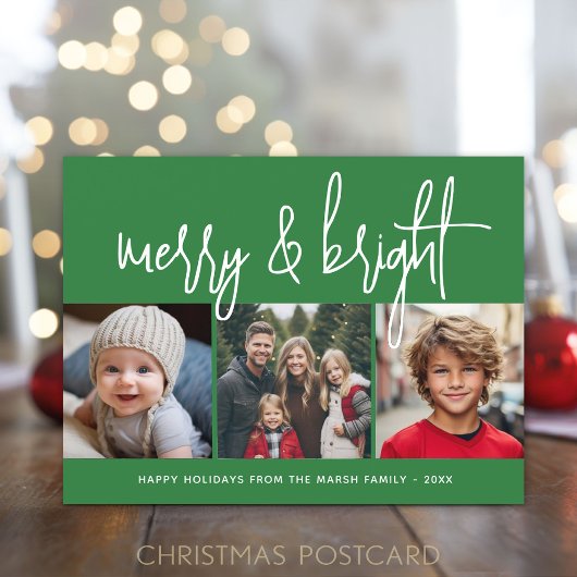 3 Foto kerstcollage - Merry & Bright green - Feestdagenkaart