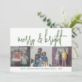 3 Foto kerstcollage - Merry & Bright - groen Feestdagenkaart (Staand voorkant)
