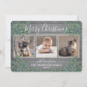 3 Foto Kerstgroen & rustiek grijs hout Feestdagenkaart (Voorkant)
