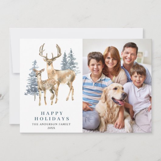 3 FOTO-kerstlegant deer Pine Tree Feestdagenkaart (Voorkant)