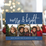 3 foto Kerstmis Collage - Merry & Bright - Marine Feestdagenkaart<br><div class="desc">HET ONTWERP VAN DE VOORZIJDE: 3 vierkante foto's en een grote manuscriptdoopvont zijn hoogtepunten van dit trendy ontwerp. Een moderne zoektocht naar een feestelijke fotokaart met een grote "grove en heldere" tekst in een funky, handgeschreven scriptlettertype in blauw en wit. Voor geavanceerde gebruikers, kunt u naar het ontwerpgebied gaan en...</div>