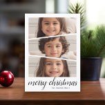 3 Foto Kerstmis Script - Retro Half Moon Patroon Feestdagenkaart<br><div class="desc">Gebruik drie horizontale of vierkante foto's — onderwerp gecentreerd. Maak een unieke en trendy Merry Christmas groet met een mod zwart en grijs patroon op de rug. De groet wordt getoond in een moderne, stuiteren kalligrafie die kan worden veranderd om uw favoriete gezegde te ontmoeten. Als u iets wilt verplaatsen,...</div>