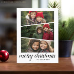 3 foto kerstscript - horizontaal wigontwerp feestdagenkaart<br><div class="desc">Gebruik drie horizontale of landschapsfoto's en maak een unieke en trendy vrolijke kerstgroet. De groet wordt getoond in een moderne,  stuiteren kalligrafie die kan worden veranderd om uw favoriete gezegde te ontmoeten. Als u iets wilt verplaatsen,  klikt u op de knop Aanpassen om wijzigingen aan te brengen.</div>