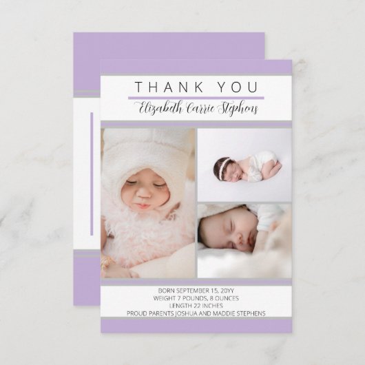 3 Foto Lavender Baby shower Geboortedatum bekendma Bedankkaart (Voorkant / Achterkant)