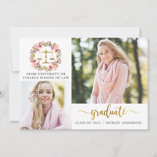 3 Foto Law School Afstuderen Floral kondiging Kaart (Voorkant)