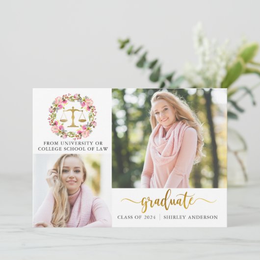 3 Foto Law School Afstuderen Floral kondiging Kaart (Staand voorkant)