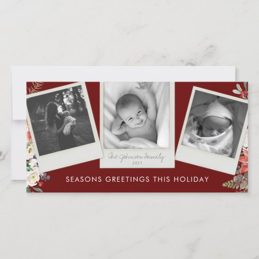 3 Foto Layout  Snapshot Burgundy Red Feestdagenkaart (Voorkant)