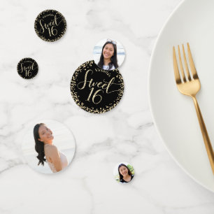 3 foto lief 16 verjaardag zwart goud glitter meisj confetti