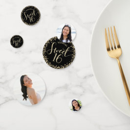 3 foto lief 16 verjaardag zwart goud glitter meisj confetti