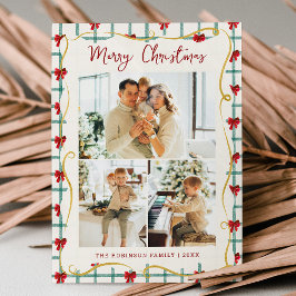 3 Foto Lief Kerstmis Rode Groene Strik Patroon Feestdagenkaart
