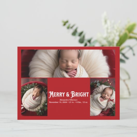 3 Foto Merry and Bright Birth Aankondiging (Staand voorkant)