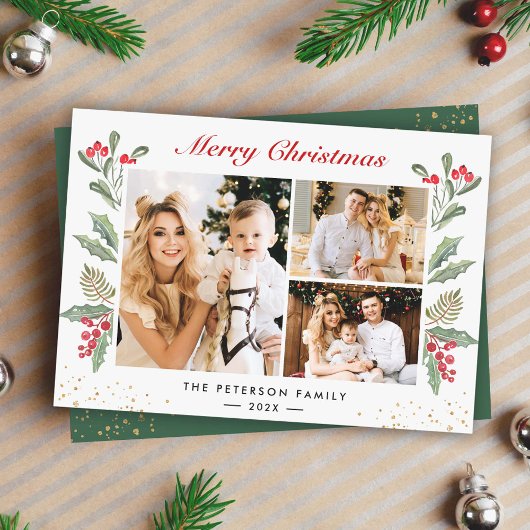 3 Foto Merry kerst Holly Berry Gold Confetti Feestdagenkaart