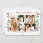 3 Foto Merry kerst Holly Berry Gold Confetti Feestdagenkaart (Voorkant)