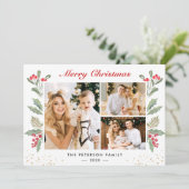 3 Foto Merry kerst Holly Berry Gold Confetti Feestdagenkaart (Staand voorkant)