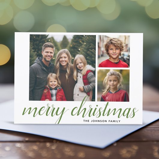 3 Foto Merry Kerstscript Green Damask Feestdagenkaart
