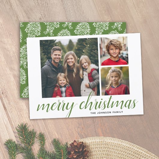 3 Foto Merry Kerstscript Green Damask Feestdagenkaart